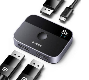 Conmutador DP 1.4 8K | Display Port Splitter 2 Entradas a 1 Salida | Bidireccional | 3D | HDR10+ | Dolby Atmos | 240Hz | 48Gbps | Compatible Free-Sync/G-Syng | Sincronización de Audio | Potentes Chips de Última Generación.