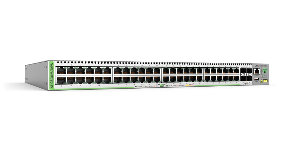 Switch PoE+ Administrable CentreCOM GS980M, Capa 3 de 48 puertos 10/100/1000Mbps + 4 SFP Gigabit, 740 W