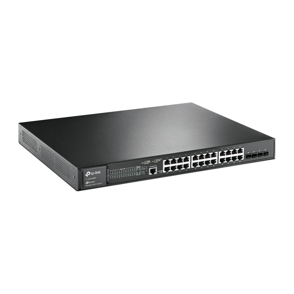 Switch L2+ Omada PoE+ / 24 Puertos PoE+ 10/100/1000 Mbps / 4 Puertos SFP 1G / 2 Puertos Consola (RJ45 y microUSB) / Administración Centralizada Omada o Stand-Alone / Multicast IGMP / Calidad de Servicio / Presupuesto PoE 384W / Montaje en Rack