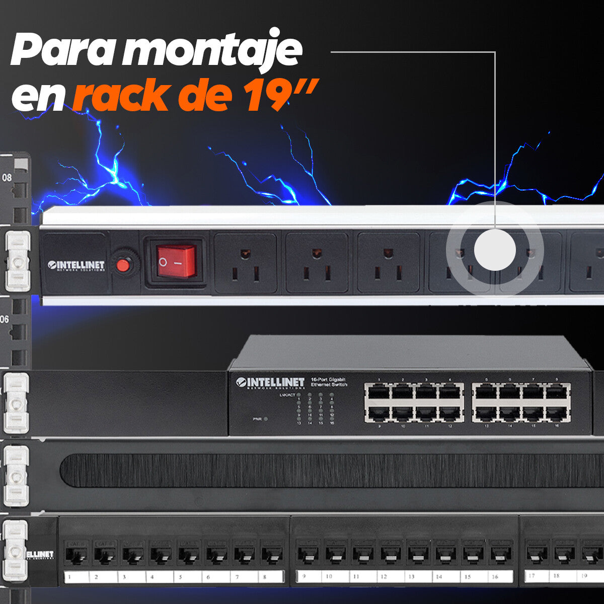 Intellinet Barra multicontacto con 8 salidas para montaje en 1U de rack de 19" - Tipo EU