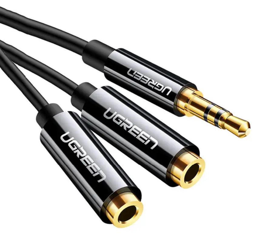 Cable Adaptador/Divisor de Audio de 3.5mm Macho a 2 Terminales de 3.5mm Hembra / 25 cm de Longitud / Cable TPE / Color Negro