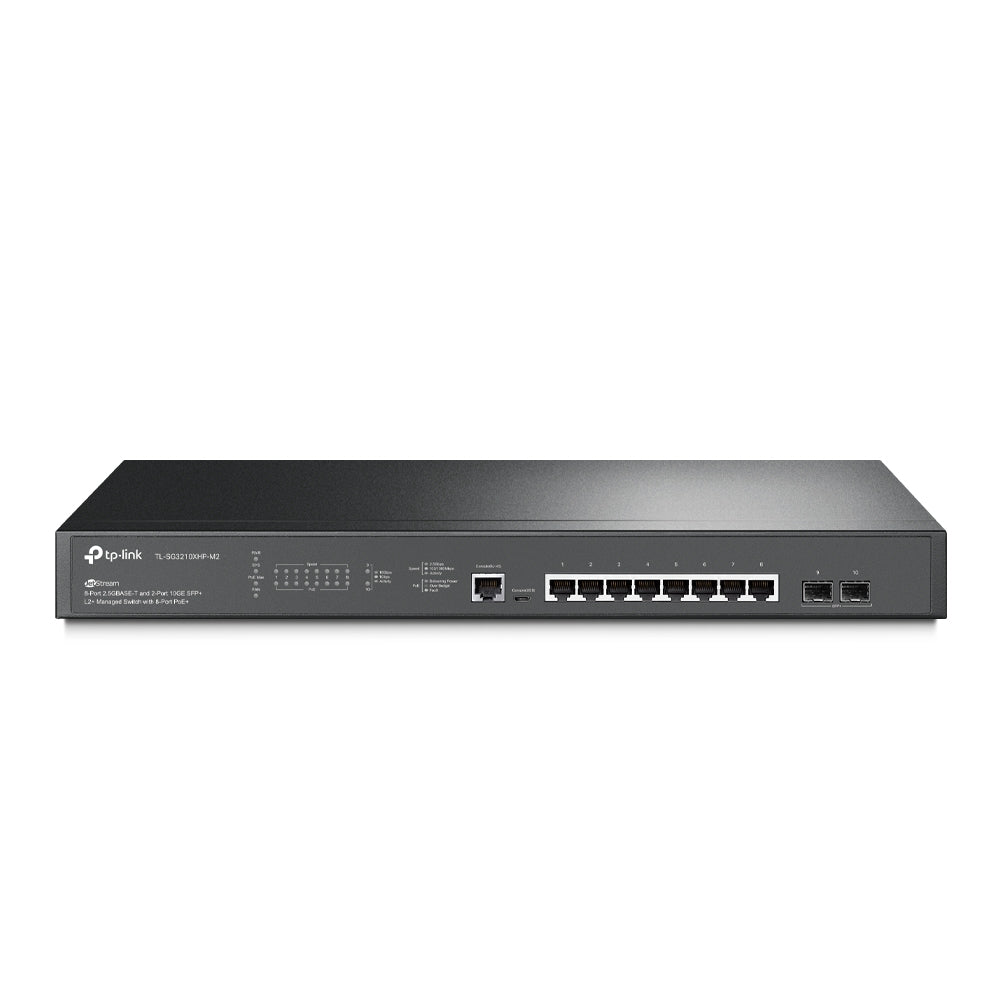 Switch L2+ Omada PoE+ / 8 Puertos PoE+ MultiGigabit 2.5G / 2 Puertos SFP+ 10G / 2 Puertos Consola (RJ45 y microUSB) / Administración Centralizada Omada o Stand-Alone / Multicast IGMP / Presupuesto PoE 240W / Montaje en Rack / (SG3210XHPM2)
