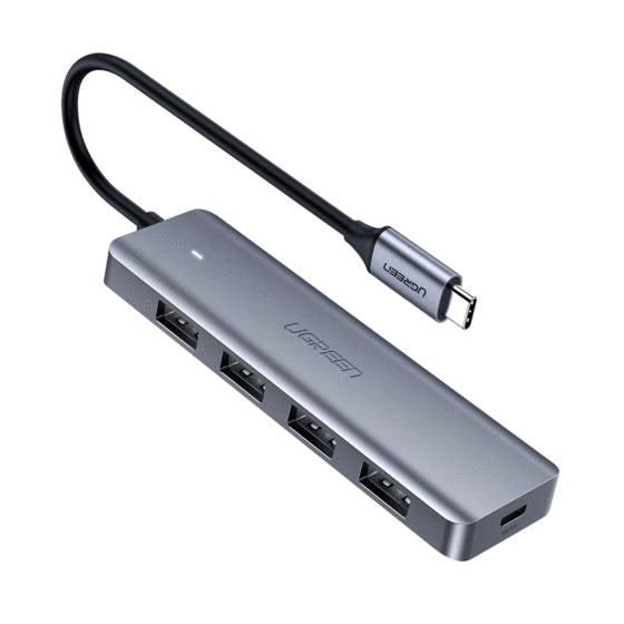 HUB USB-C 3.0 4 EN 1 | 4 Puertos USB-A (5Gbps) | Carcasa ABS + PC | Soporta OTG | Luz Indicadora LED | Compatible con iPhone 15 Pro MAX) | Interfaz Niquelada | Color Gris Metalizado | Cable de 15cm.