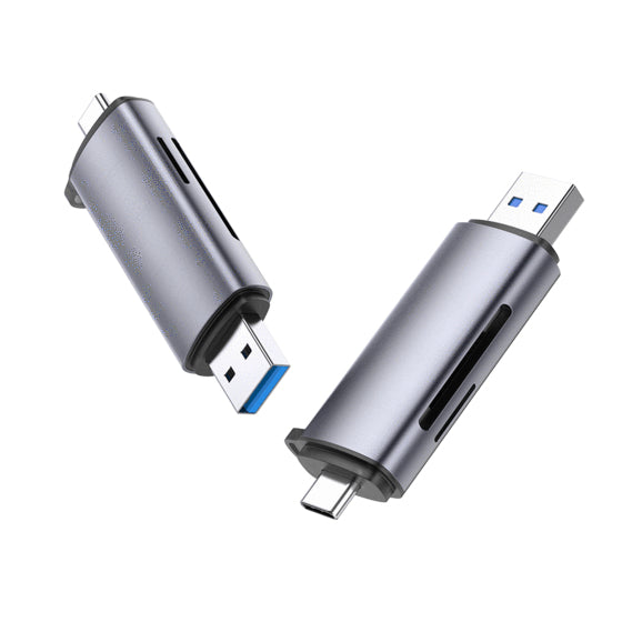 Lector de Tarjetas USB-C + USB-A a MicroSD (TF)/SD | OTG | USB-C 3.1 | 5Gbps | Soporta hasta 2TB | Soporta Windows/Mac OS/Linux/Android | Lectura de Tarjetas Simultánea | Caja de Aluminio | Llavero Anti-perdida.