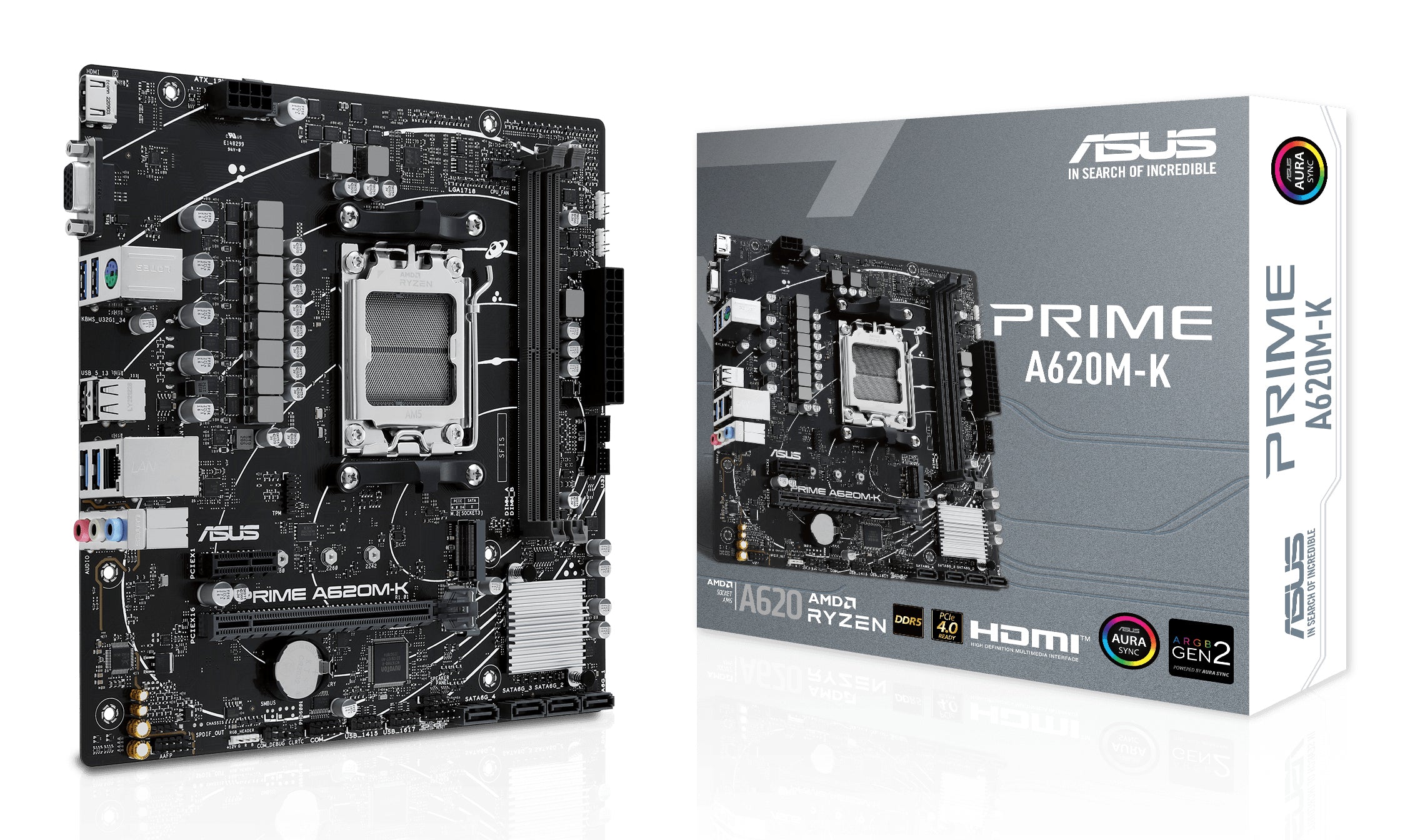 Tarjeta Madre Asus PRIME A620M-K 2xDDR5 96GB 6400Mhz HDMI VGA PCIe 4.0 M.2 S AM5 Ryzen mATX