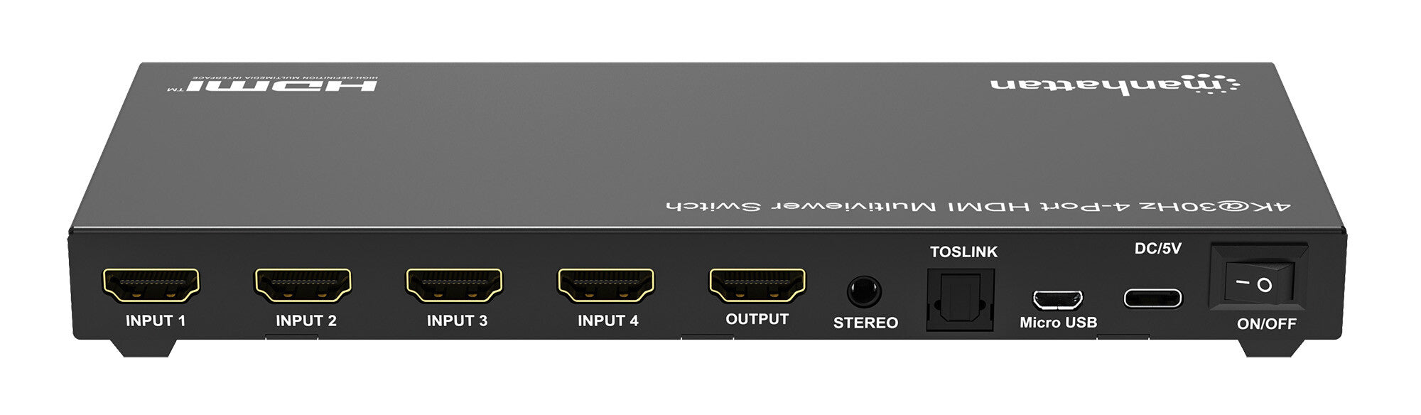 Manhattan Proyecta hasta cuatro fuentes de entrada HDMI en una pantalla de salida HDMI (4x1), múltiples opciones de visualización, incluidas imagen en imagen y pantalla doble/cuádruple, botón o control remoto, audio de 3,5 mm y Toslink, negro