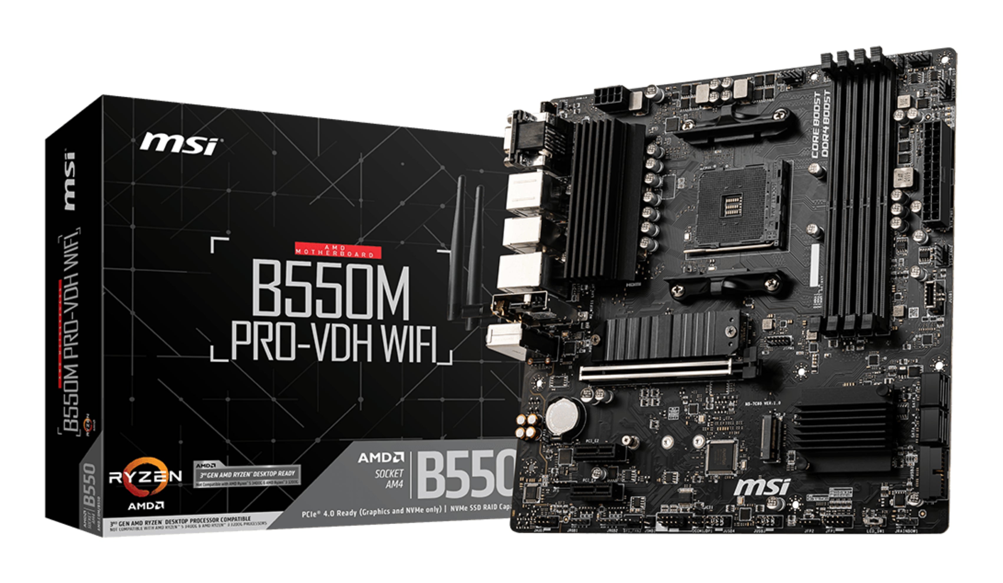 Tarjeta Madre MSI B550M Pro-VDH WIFI 4xDDR4 128GB 4400Mhz PCIe 4.0 M.2 1xHDMI 1xDP 1xVGA S AM4 mATX Wi-Fi BT