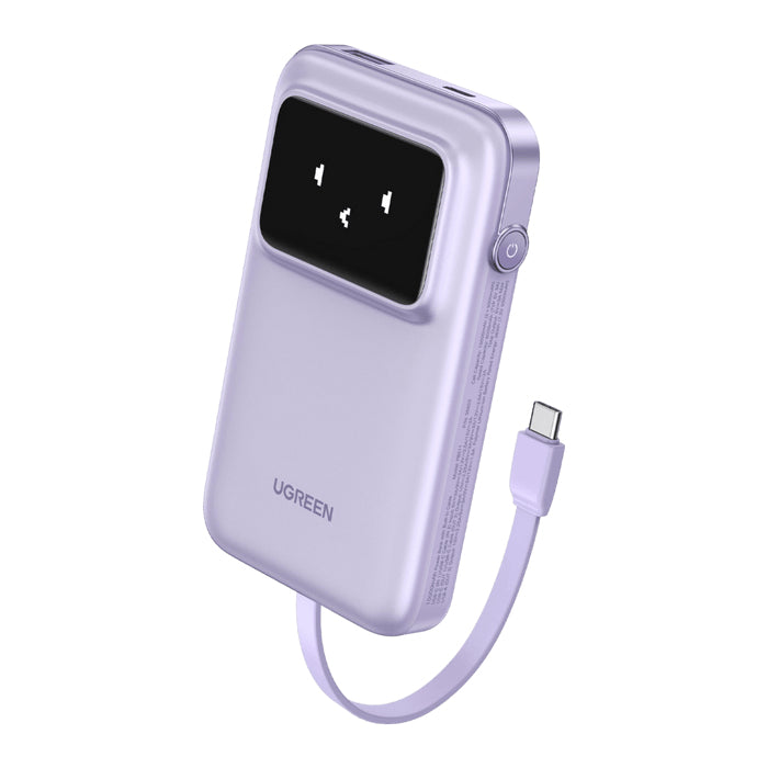 Power Bank Serie Uno |  10000mAh | 30W |  con Cable USB-C Incorporado | 2 Salidas 30W Max. | Pantalla Inteligente | Carcasa Ignifuga | Aprobado por Aerolíneas.| Color Purple.