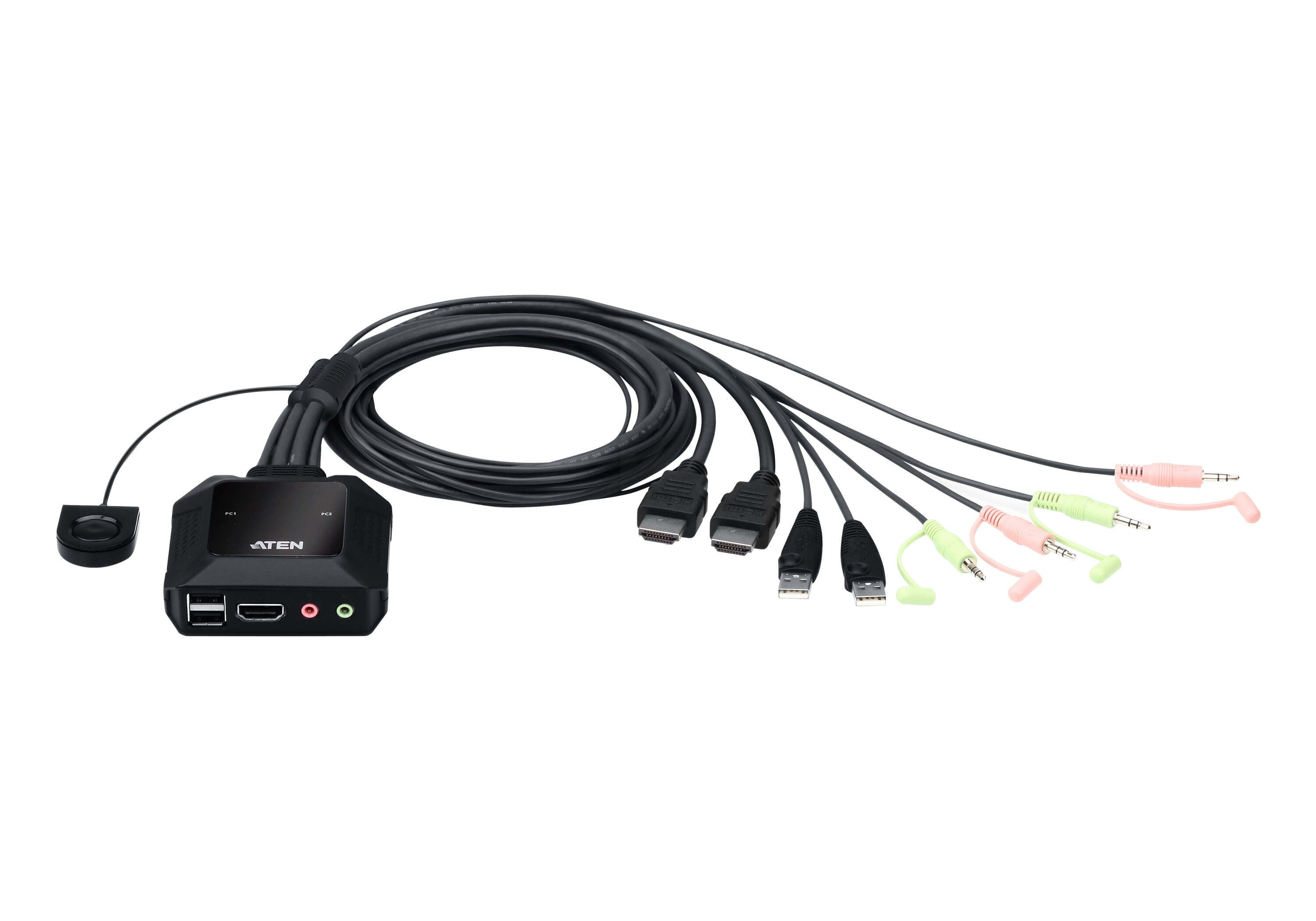 Conmutador KVM con cable HDMI 4K USB de 2 puertos con selector de puerto remoto |  4096x2160 @ 60Hz (4K DCI) | HDCP 2.2 |  Jack 3.5mm (Audio/Micrófono) | Conecta y controla 2 equipos con un solo monitor, teclado y mouse