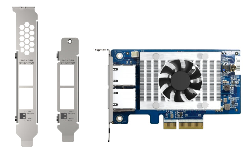 TARJETA DE RED QNAP QXG-10G2T-X710 / VELOCIDADES DE TRANSMISION 10GBPS/5GBPS/2.5GBPS/1GBPS/100MBPS / PUERTOS ETHERNET RJ45(2) / PCIE 3.0(4) / COMPATIBLE CON WINDOWS 8 Y 10
