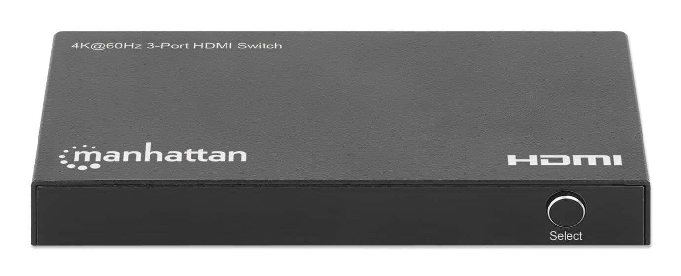 Manhattan Alterna entre tres entradas HDMI en una salida HDMI (3x1), 4K60Hz, 18G, conmutación automática y manual, mando a distancia por infrarrojos, negro