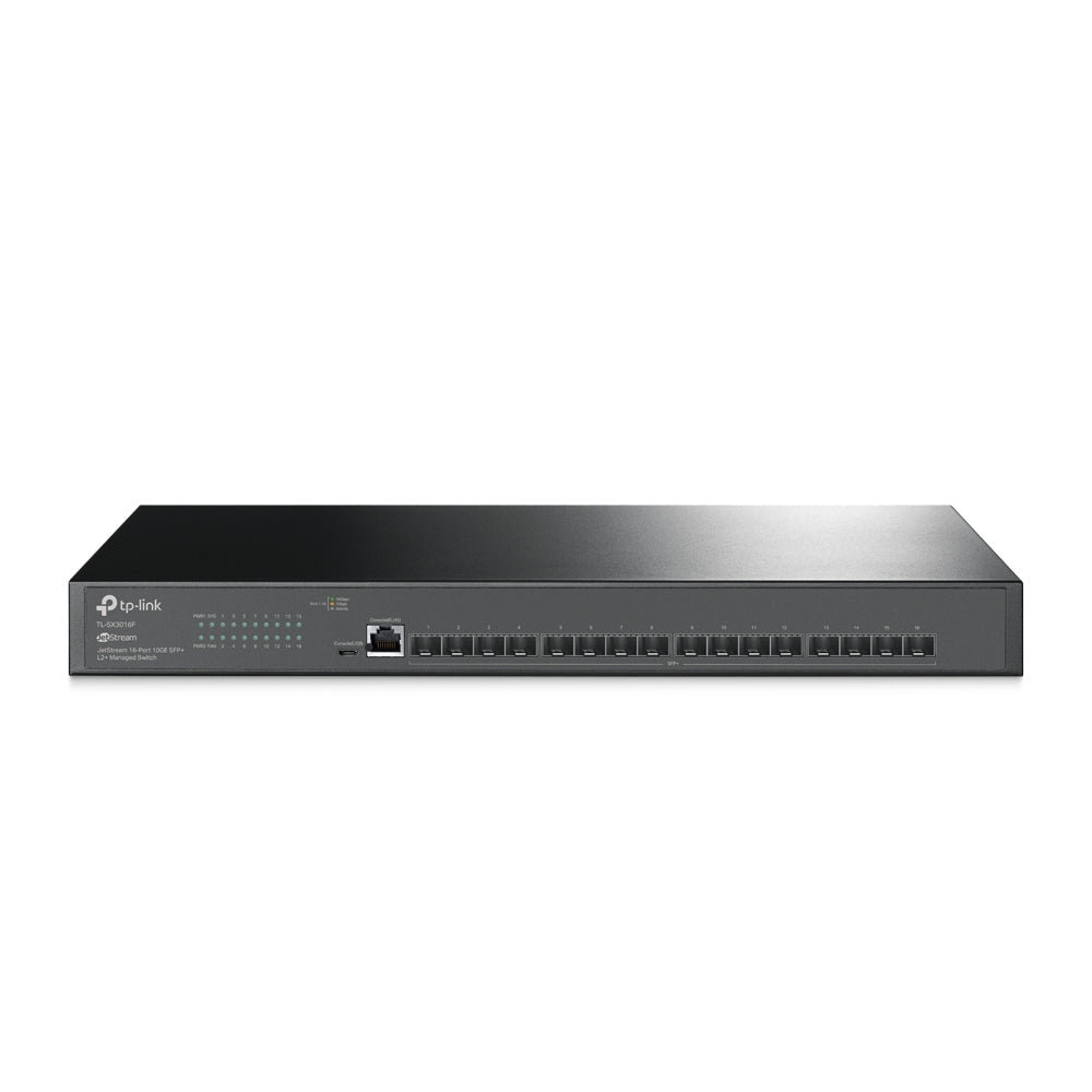 Switch Fibra Óptica L2+ Omada / 16 Puertos SFP+ 10G / 2 Puertos Consola (RJ45 y micro-USB) / Administración Centralizada Omada o Stand-Alone / Multicast IGMP / Calidad de Servicio / Montaje en Rack / Silencioso (sin ventiladores)