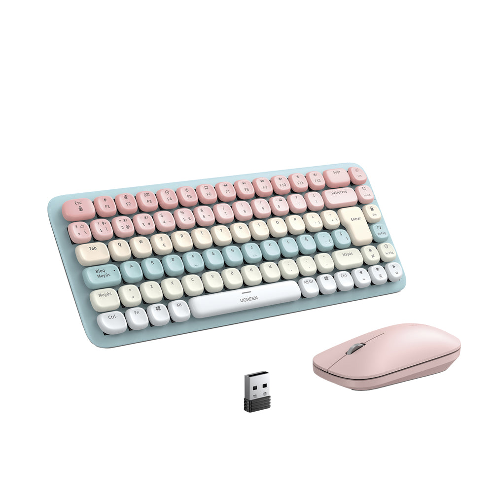 Paquete de Teclado y Mouse | 85 teclas en Español | Bluetooth y 2.4GHz |  Mouse Ambidiestro  | Sensor de DPI ajustable | Efectos de Iluminación del Teclado | Amplia compatibilidad | Color Rosa.