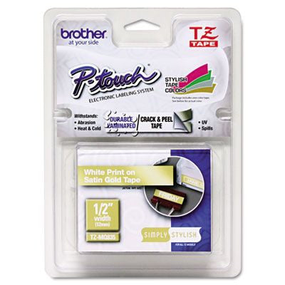 Cinta Laminada Brother TZe-MQ835 Texto Blanco Fondo Dorado 12mm