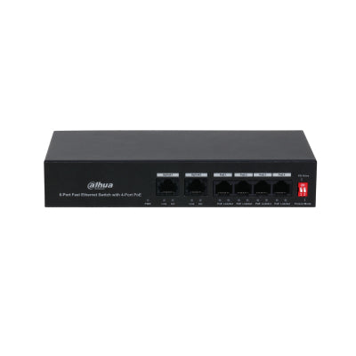Switch Dahua PoE 6 Puertos Fast Ethernet/4 Puertos PoE 10/100/ 2 Puertos Uplink 10/100 36 Watts Totales