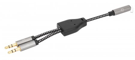 ADAPTADOR,MANHATTAN.356121, AUDIO 3.5MM 1 H A 2 M, 15CM, CABLE QUE DIVIDE AUDIO PARA AUDIFONO Y MIC, ALUMINIO PLATEADO