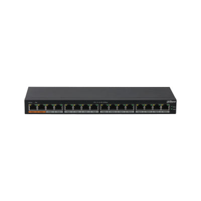 SWITCH POE/ DAHUA/ DH-PFS3016-16GT-190/ 16 PTO POE GIGABIT/ 190 WATTS TOTALES/ LOS 2 PTO NARANJAS SOPORTAN HI-POE ESTANDAR/ SWITCHING 32 GBPS/ TASA DE REENVIO DE PAQUETES 23.808 MBPS/ PROTECCION CONT