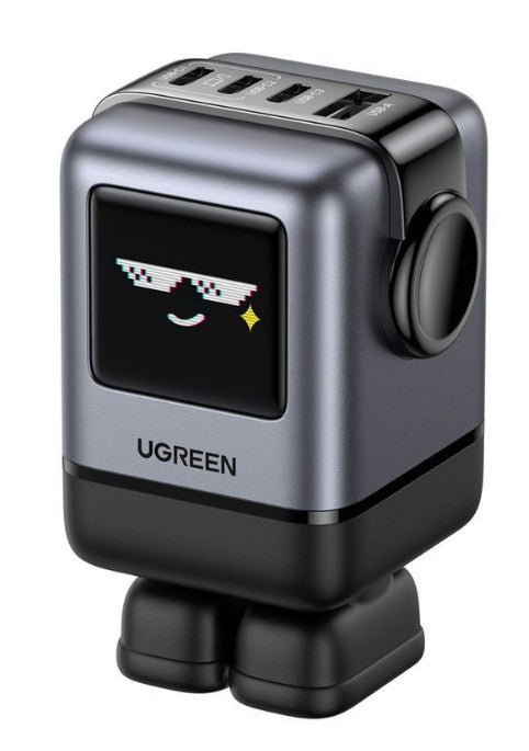 Cargador RobotGaN de 100W Serie UNO | 4 Puertos de Carga Rápida | 3 USB-C | 1 USB-A | PD 3.0 | QC 4.0 | Carga Inteligente | Tecnología GaN II | Zapato Magnético Extraíble | Carcasa Ignífuga | Pantalla LED