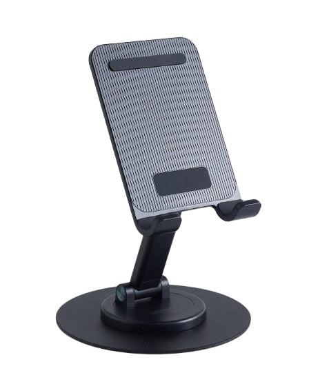 Soporte para Teléfono Celular Giratorio | 360° de Rotación | Angulo Ajustable | Altura Ajustable 17-20cm  | Antideslizante | Ejes Giratorios de Alta Precisión| Plegable | Aluminio | Color Gris