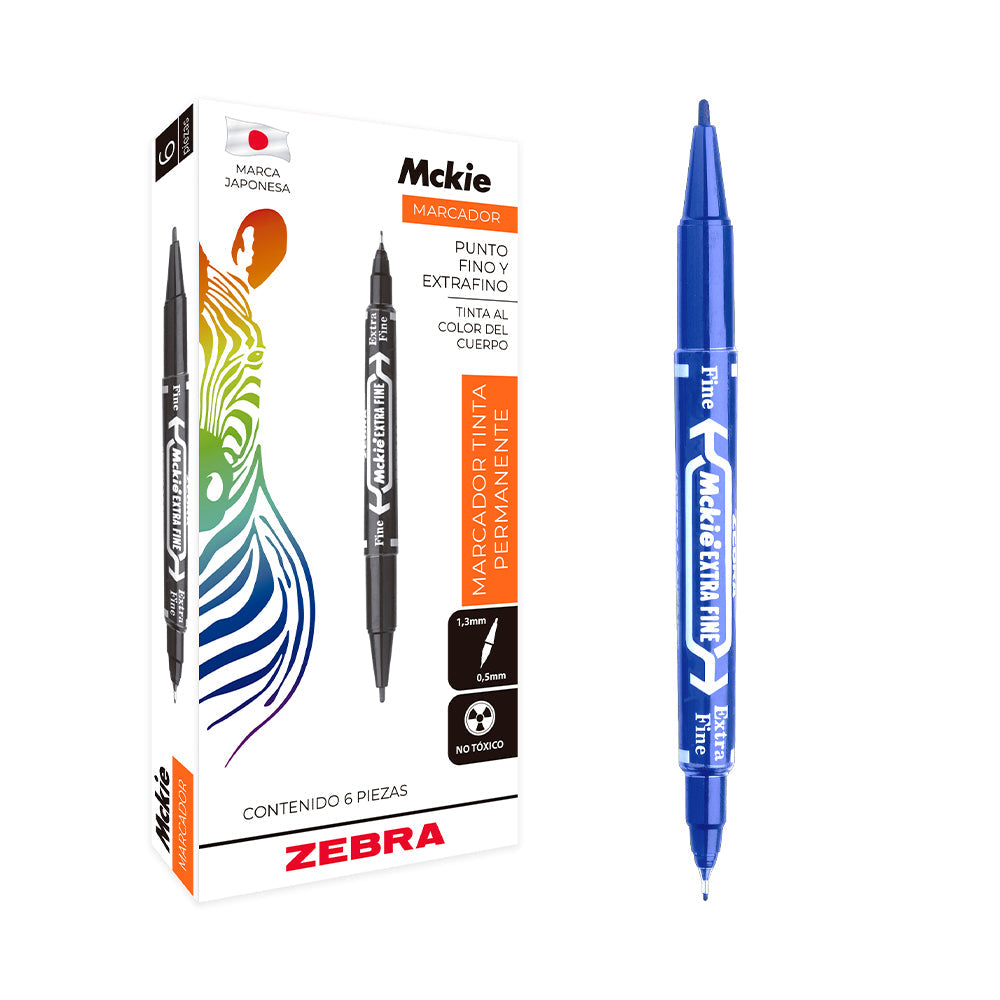 Zebra Mckie Double-Ended Fine/Extra Fine Blue Permanent Marker, Pack of 6