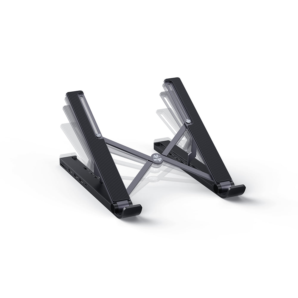 HUB (Docking Station) 5 en 1 con Soporte para Laptop | 2 USB 3.0 a 5Gbps | HDMI 4K@30Hz | Memoria Micro SD (TF) + SD | Amplia Compatibilidad de 10-15" | Ajuste de Altura | Aluminio | PC+ABS | Silicona | Color Negro.