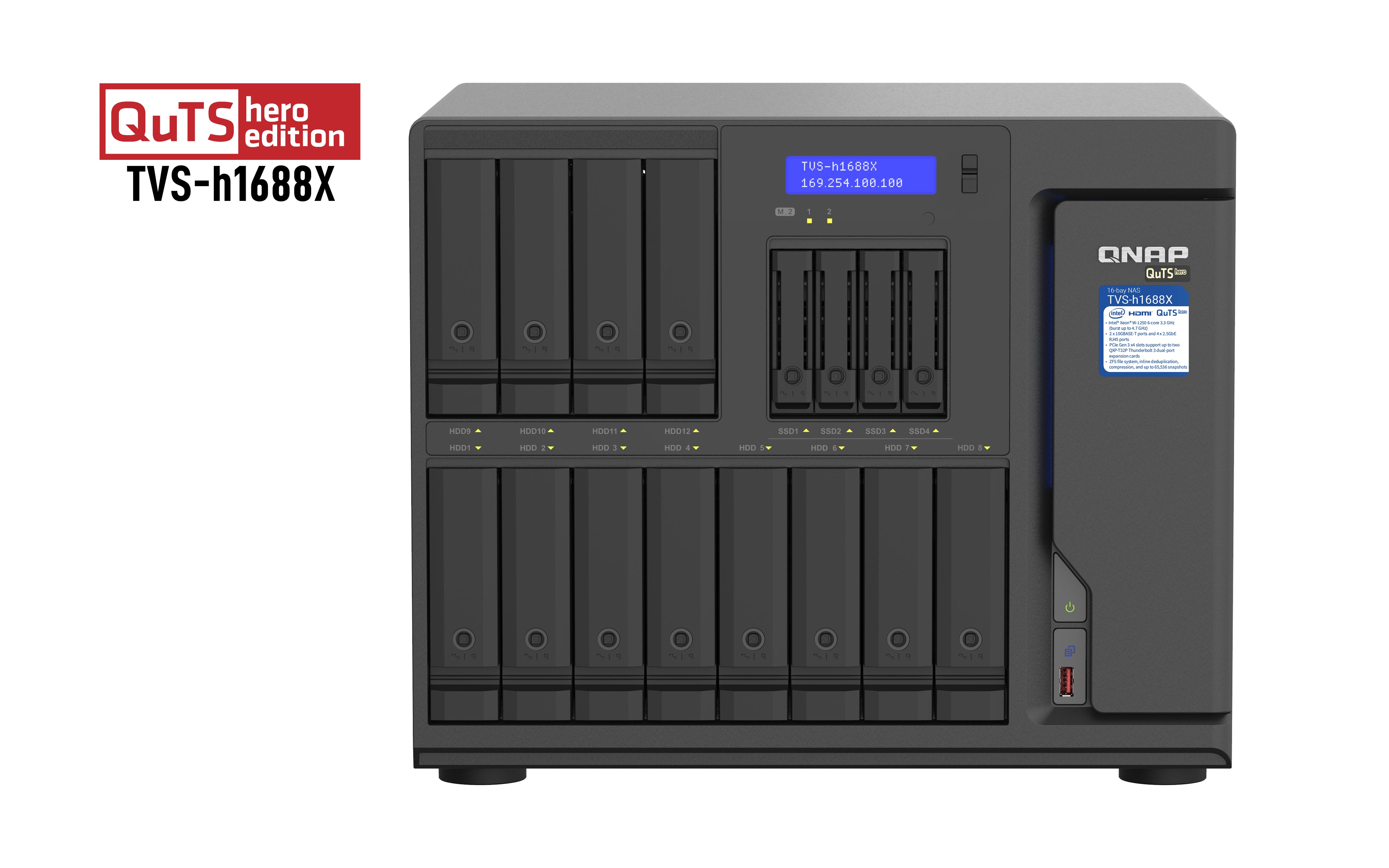 NAS QNAP TVS-H1688X-W1250-32G/ 16 BAHIAS /12 DE 3,5 4 DE 2,5 SSD/SEIS NUCLEOS 3.3GHZ/32GB DDR4 HASTA 128GB/4 PTO 2,5 GBE/2 PTO 10 GBE /USB 3.2 X2/ HOTSWAP/ NO INCLUYE DISCOS/ INTEL XEON