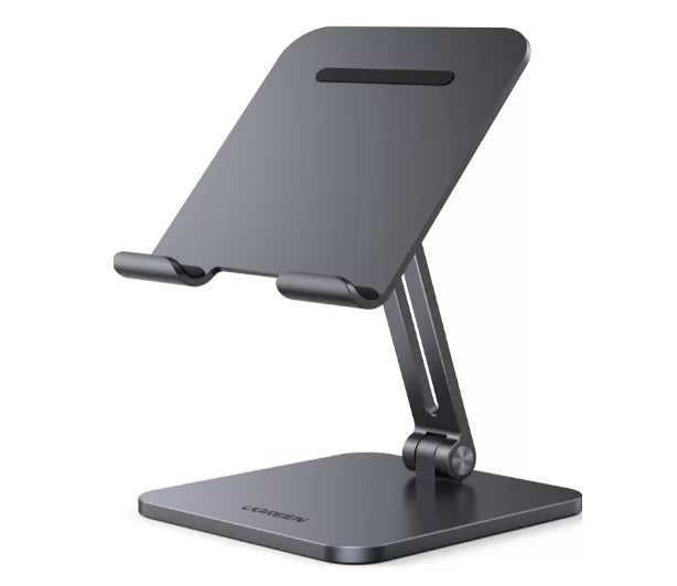 Soporte de Aluminio para IPad & Tablet | Plegable |Angulo Ajustable de 180° y 270° | Base Antideslizante | Protección  de Silicona | Amplia Compatibilidad con dispositivos de 7.9'' a 12.9'' | Aluminio Solido | Color Gris