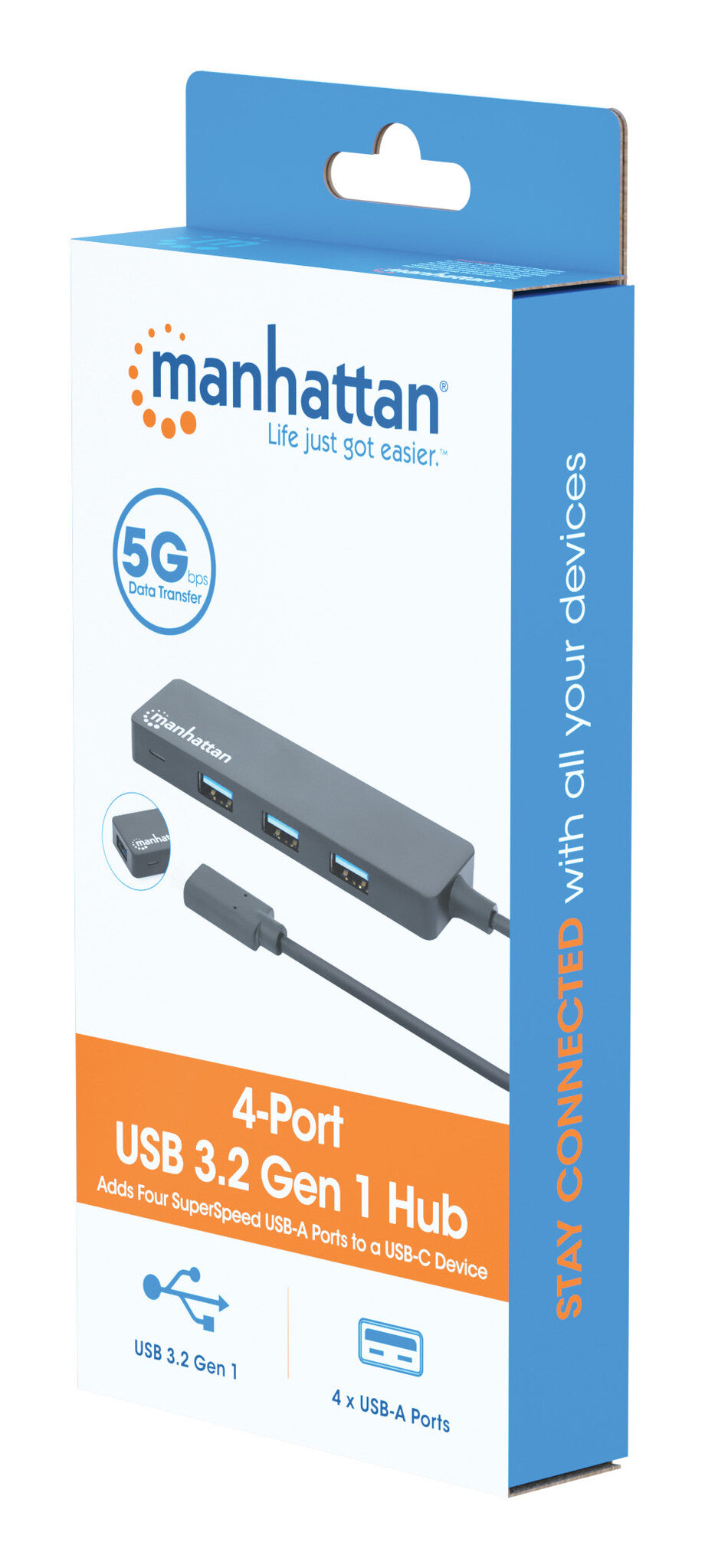 Manhattan Hub USB 3.2 Gen 1 de 4 puertos USB-A USB 3.2 Gen 1, de Tipo-C macho a 4 conectores Tipo A hembra, velocidad de transferencia hasta 5 Gbps, energía por medio del bus, negro