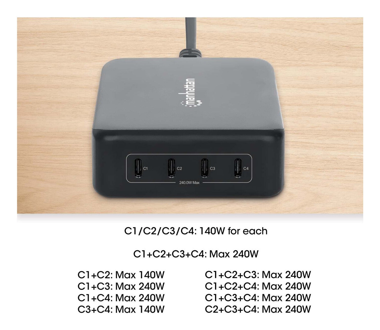 Manhattan Cuatro puertos USB-C PD con hasta 140 W por puerto, 240 W de salida total, Power Delivery 3.1, negro
