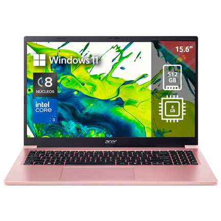 Laptop Acer Lite 15 15.6" FHD Ci3 N355 8GB DDR5 Ram 512 PCIe NVMe SSD Windows 11 Home Rosa 1 Año Garantía