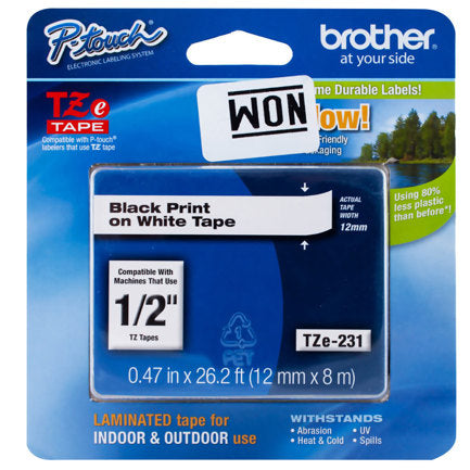 Cinta Brother TZeS231G Laminada Súper Adhesiva Texto Negro