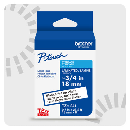 Cinta Laminada Brother Estandar Texto negro sobre cinta blanca de 18mm x 8m