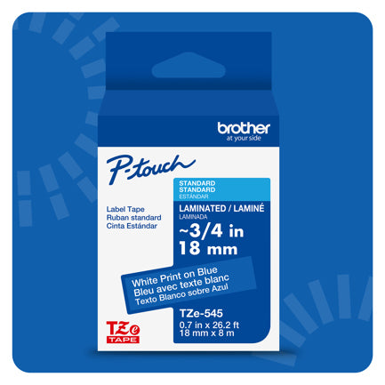 Cinta Laminada Brother Estándar Texto Blanco sobre Cinta Azul de 18mm x 8m