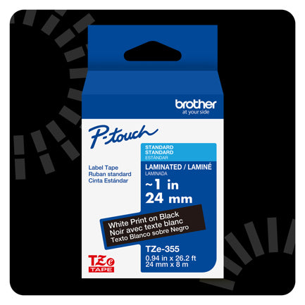 Cinta Laminada Brother Estandar Texto blanco sobre cinta negra de 24mm x 8m