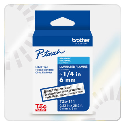 Cinta Laminada Brother Estandar Texto negro sobre Cinta Transparente de 6mm x 8m