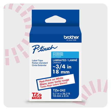 Cinta Laminada Brother Estándar Texto Rojo Sobre Cinta Blanca de 18mm x 8m