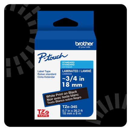 Cinta Laminada Brother Estándar Texto Blanco sobre Cinta Negra de 18mm x 8m