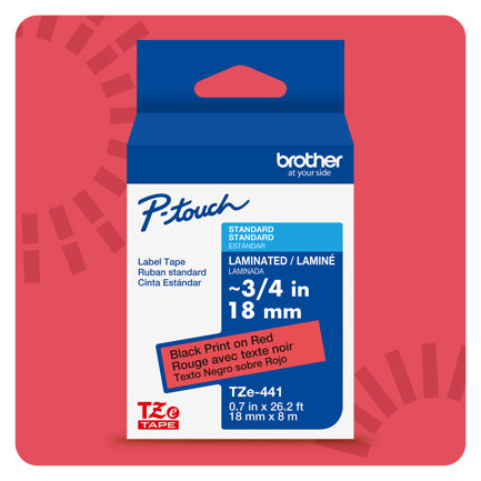 Cinta Laminada Brother Estandar Texto negro sobre cinta roja de 18mm x 8m