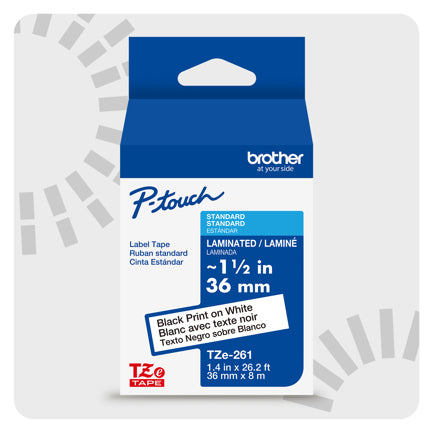Cinta Laminada Brother Estándar Texto Negro sobre Cinta Blanca de 36mm x 8m