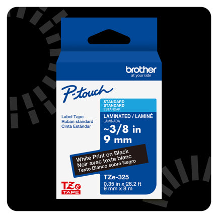 Cinta Laminada Brother Estandar Texto blanco sobre cinta negra de 9mm x 8m