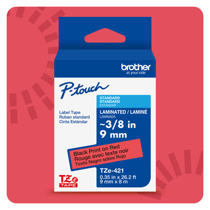 Cinta Laminada Brother Estandar Texto negro sobre cinta roja de 9mm x 8m