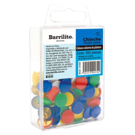 Barrilito Thumbtacks, Plastic Head, Assorted Colors, 100 Pieces