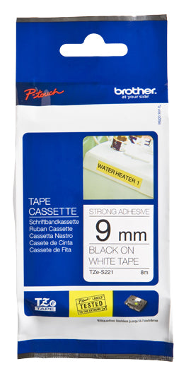 Cinta Brother TZeS221 Laminada Súper Adhesiva Texto Negro Fondo Blanco 9mmx8m