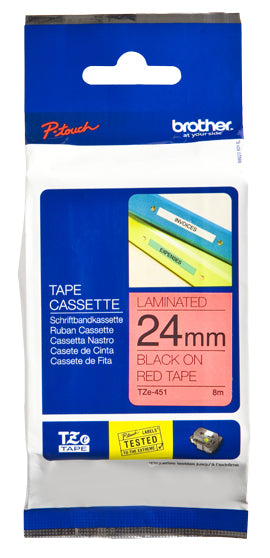 Cinta Brother TZE451 Laminada Texto Negro Sobre Fondo Rojo 24mmx8m