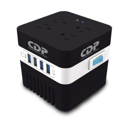 CDP RU-AVR604 600VA/300W Voltage Regulator with LED indicators, 4 NEMA 5-15R outlets, and 4 USB ports