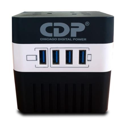 CDP RU-AVR604 600VA/300W Voltage Regulator with LED indicators, 4 NEMA 5-15R outlets, and 4 USB ports