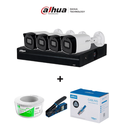 Kit de Videovigilancia NVR 4 Canales con 4 Cámaras IP 2MP incluye Bobina de 100m 100 Conectores y Pinza de Corte