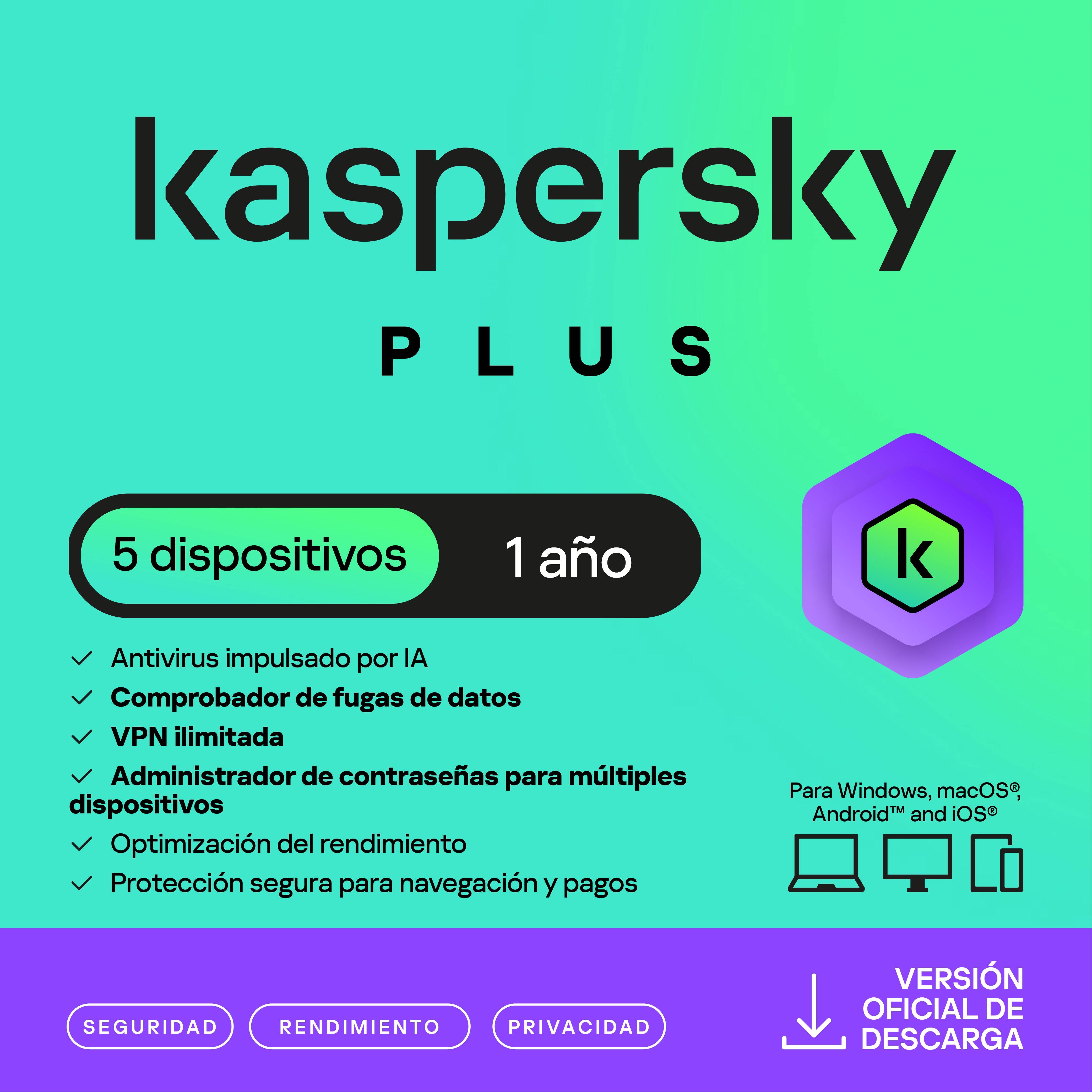 Licencia Antivirus ESD Kaspersky Plus 1 Año 5 Dispositivos 3 Cuentas KPM