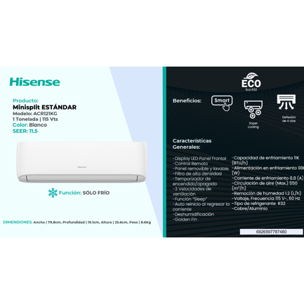Hisense ACR121KG Standard Mini-Split 11000 BTU Cool Only 110V R32