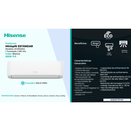 Hisense Minisplit ACR122KG Standard 11000 BTU Cool Only 220V R32